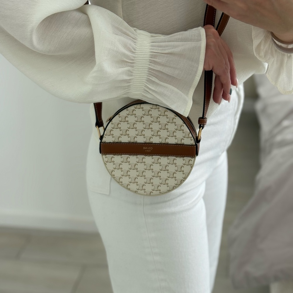 CELINE GHW Triomphe Round Shoulder Bag PVC Coated Canvas White. - Picture 12 of 15